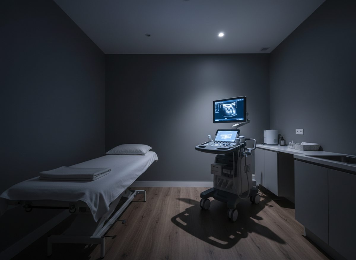 Calm, dimly lit ultrasound exam room